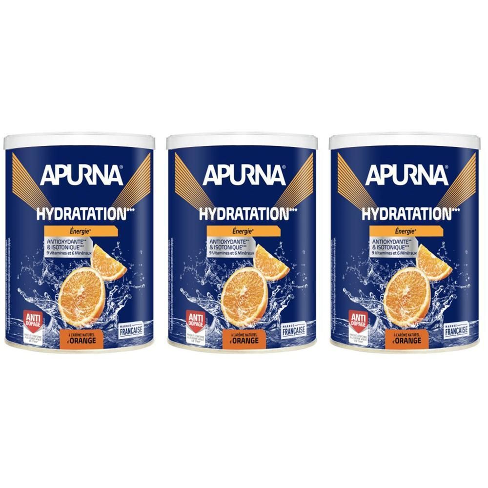 Trois boîtes APURNA HYDRATATION. Boîtes bleues avec graphiques et texte orange. Inscription: Energie, antioxydants & isotonique, Orange.