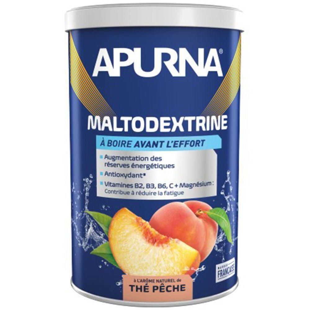 Boîte bleue APURNA Maltodextrine. Inscription : À boire avant l'effort. Goût pêche. Vitamines B2, B3, B6, C + Magnésium. Drapeau français.