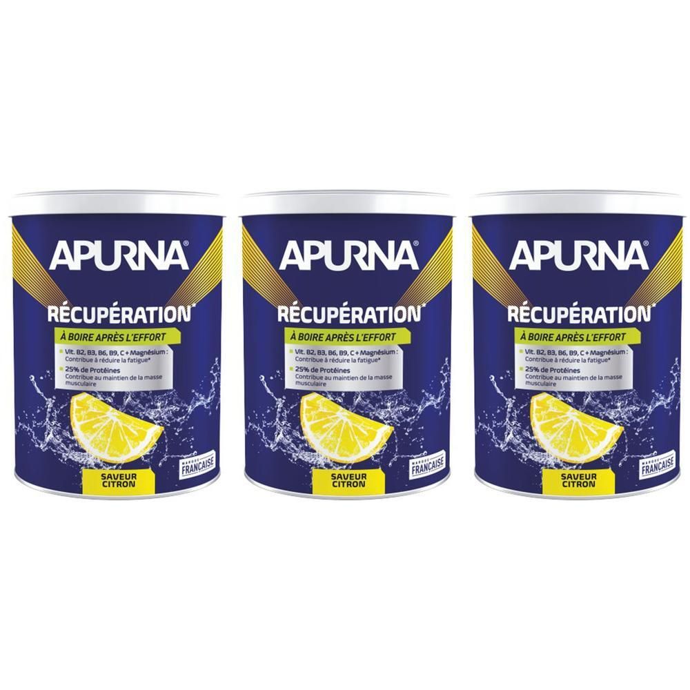 Trois boîtes APURNA RÉCUPÉRATION, citron. Boîtes bleues avec accents jaunes, illustration de citron. Texte: À BOIRE APRÈS L'EFFORT.