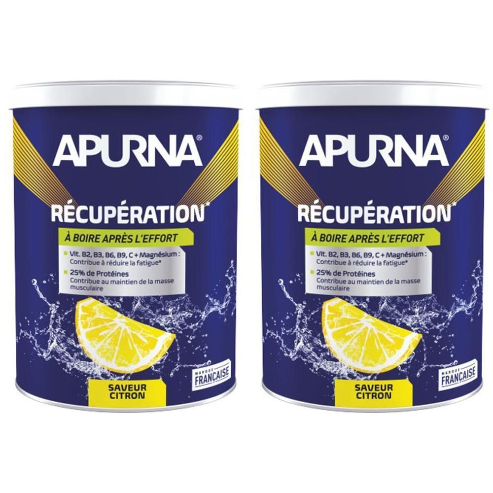 Deux boîtes APURNA RÉCUPÉRATION. Boîtes bleues avec détails jaunes et citron. Texte: À BOIRE APRÈS L'EFFORT, Saveur Citron.