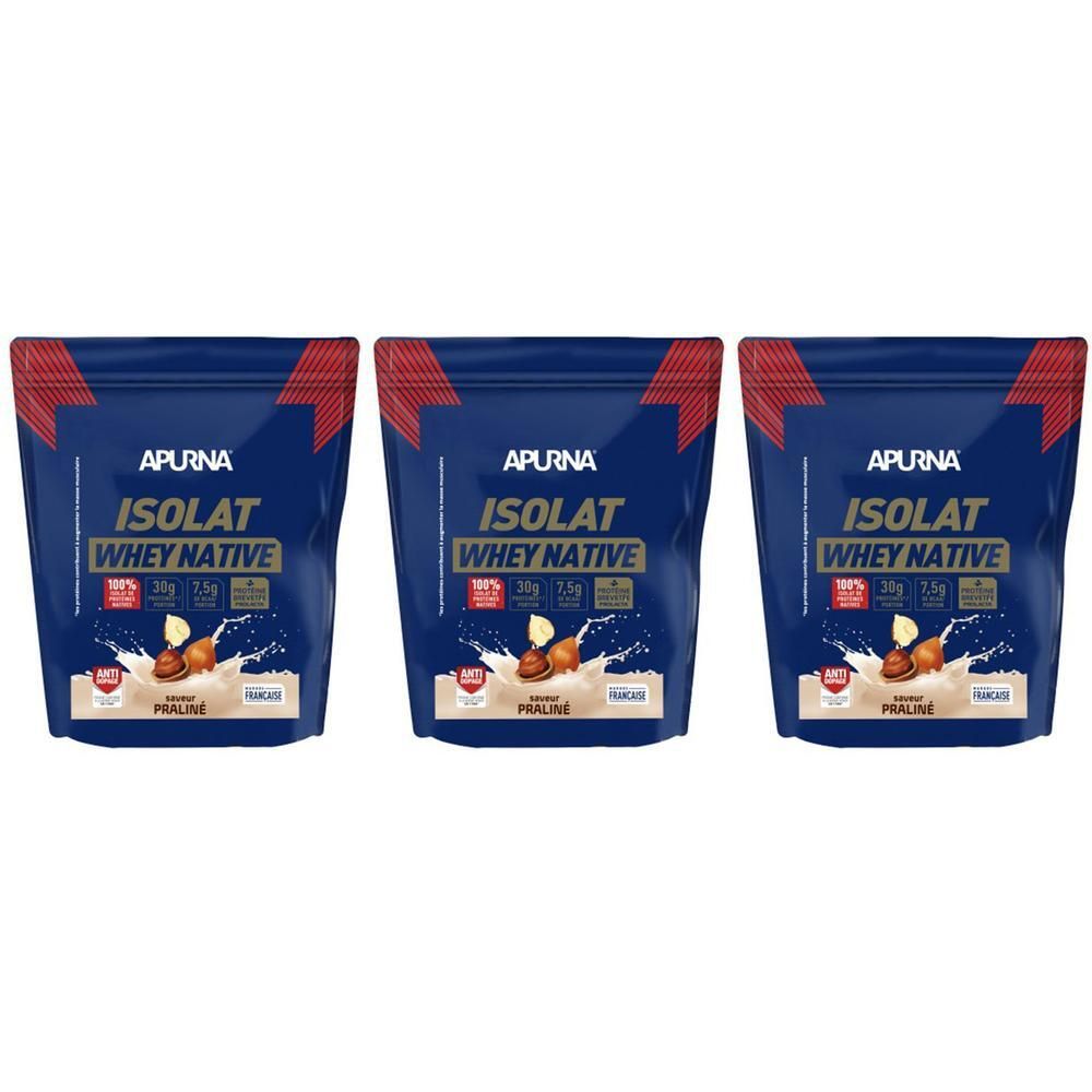 Trois sachets APURNA ISOLAT WHEY NATIVE, goût praliné. Emballage bleu avec accent rouge. Illustration du produit et informations nutritionnelles.