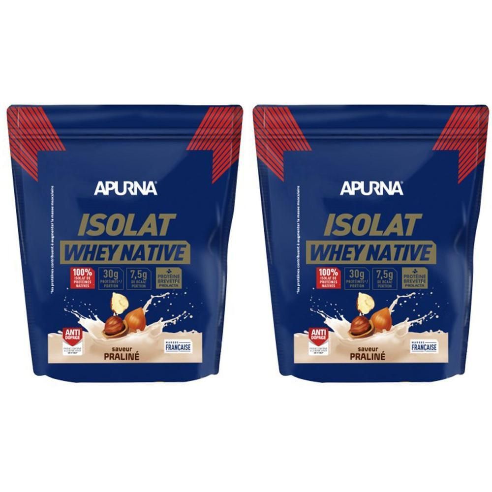 Deux sachets APURNA ISOLAT WHEY NATIVE, saveur Praliné. Emballage bleu avec détails rouges. Contient 100% de protéines.