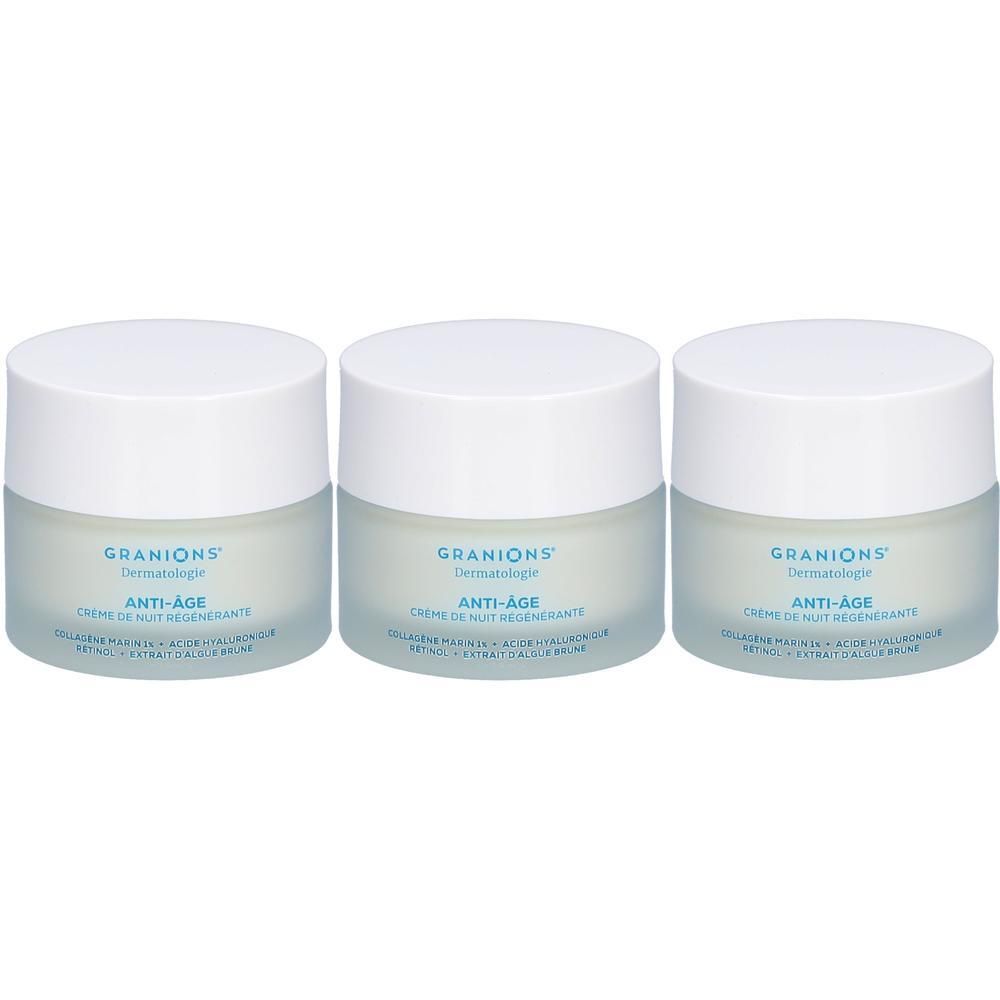 Trois pots de crème avec couvercles. Inscription: GRANIONS Dermatologie ANTI-AGE Crème de nuit régénérante.