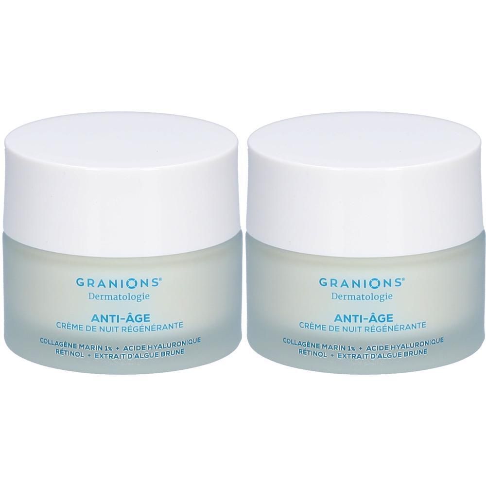Deux pots de crème cosmétique. Couvercles blancs, corps bleuté. Inscriptions: GRANIONS Dermatologie, ANTI-ÂGE, Crème de nuit régénérante.