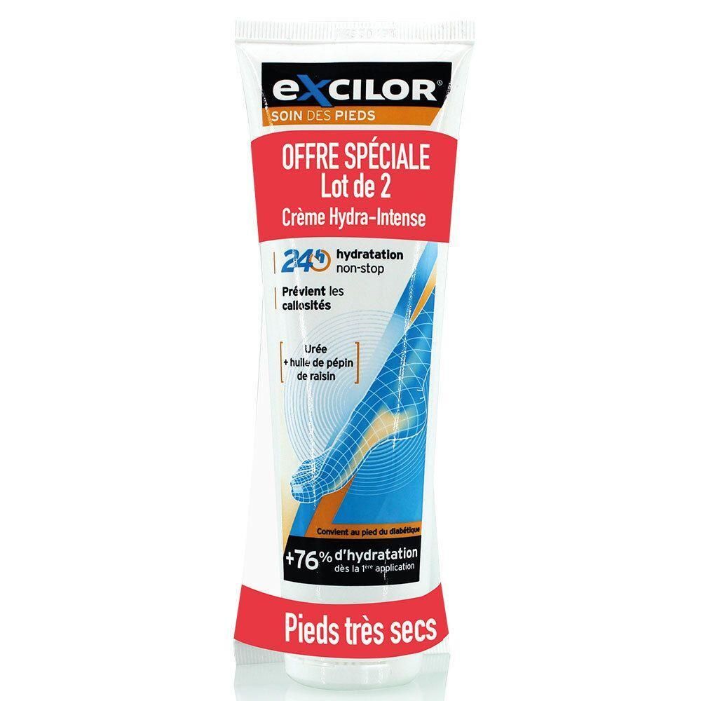 Tube de crème avec texte rouge et blanc. Inscription "EXCILOR SOIN DES PIEDS". Texte : "OFFRE SPÉCIALE Lot de 2". Illustration d'un pied.