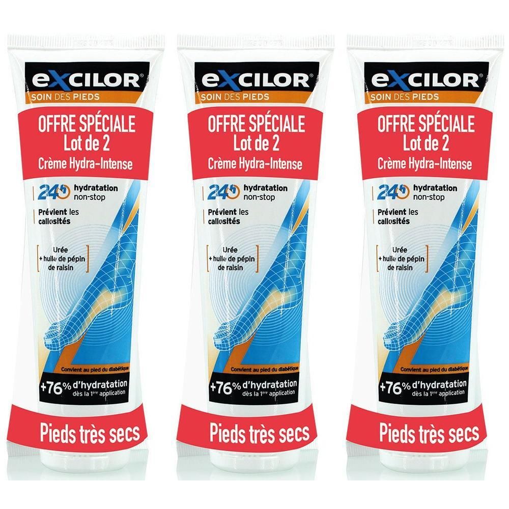 Trois tubes de crème pour les pieds. Emballage blanc, rouge et bleu. Inscription: EXCILOR, SOIN DES PIEDS, Crème Hydra-Intense. Offre: Lot de 2. Pieds très secs.