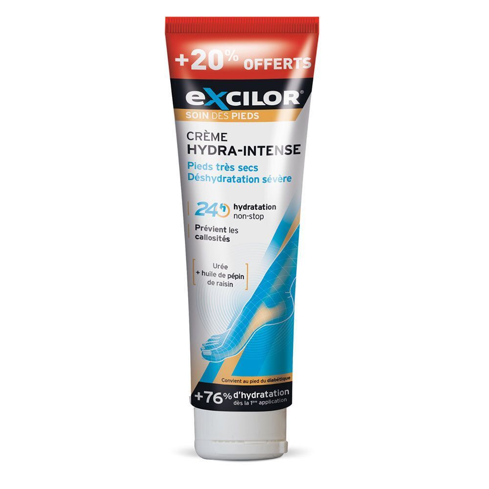 Tube de crème pour les pieds. Emballage blanc, rouge et bleu. Inscription: EXCILOR, SOIN DES PIEDS, Crème Hydra-Intense. +20% offerts. Pieds très secs.