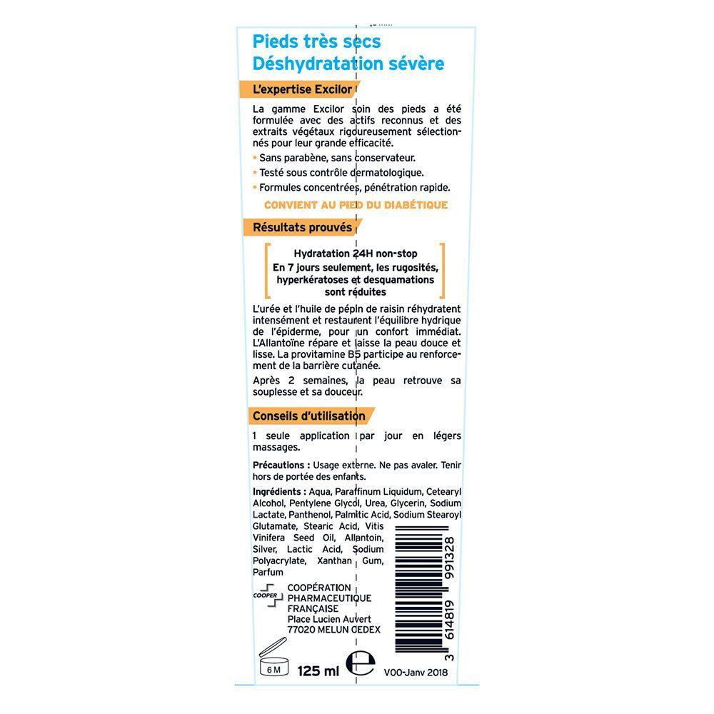 Dos d'un tube de crème pour les pieds. Texte: Expertise Excilor, Hydratation 24h non-stop, ingrédients. 125 ml. Code-barres.