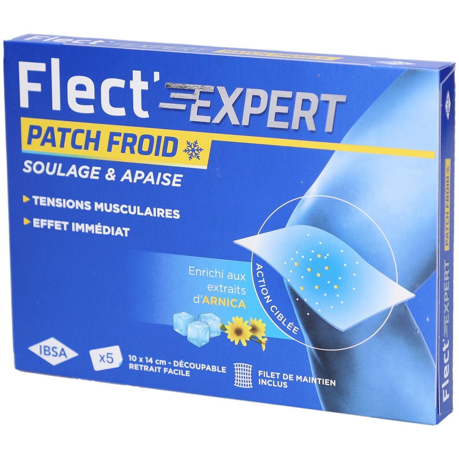 Boîte bleue Flect'Expert Patch Froid. Contient 5 patchs. Inscription: 'Tensions musculaires', 'Effet immédiat'. Enrichi en extraits d'arnica.