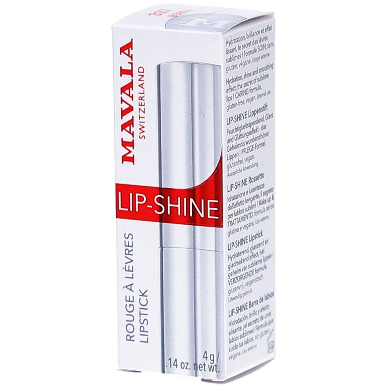 Rouge à lèvres MAVALA LIP-SHINE dans un emballage blanc. Inscription: ROUGE À LÈVRES LIPSTICK. Poids net: 4g.
