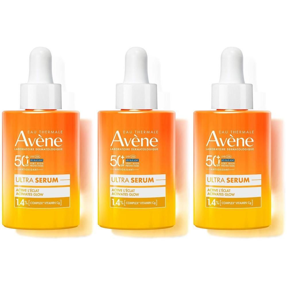 Trois flacons AVENE ULTRA SERUM ILLUM SPF50+. Flacons orange-jaune avec bouchon blanc. Texte: SPF50+, ULTRA SERUM, ACTIVATES GLOW.