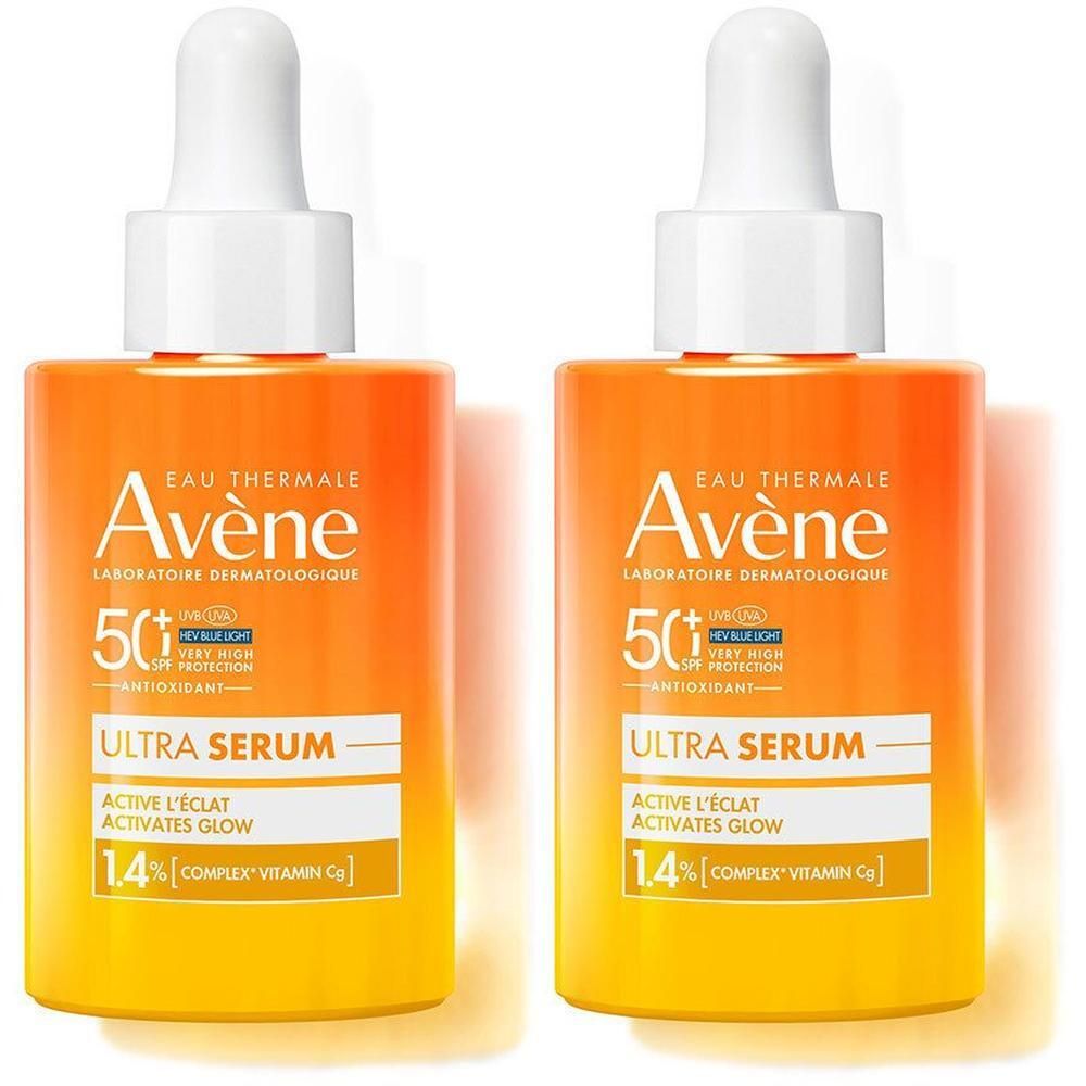 Deux flacons AVENE ULTRA SERUM ILLUM SPF50+ avec bouchon blanc et pipette. Flacons orange-jaune avec informations produit.
