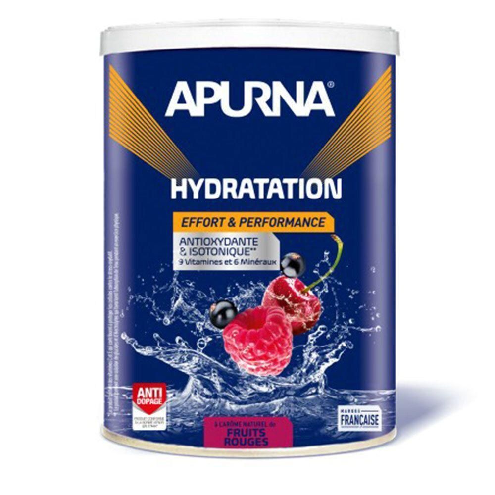 Boîte cylindrique bleue. Marque APURNA, texte HYDRATATION, EFFORT & PERFORMANCE. Fruits rouges et éclaboussures d'eau. Label "FRANCAISE".