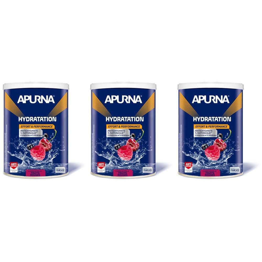 Trois boîtes APURNA HYDRATATION. Images de framboises et d'eau. Fond blanc.