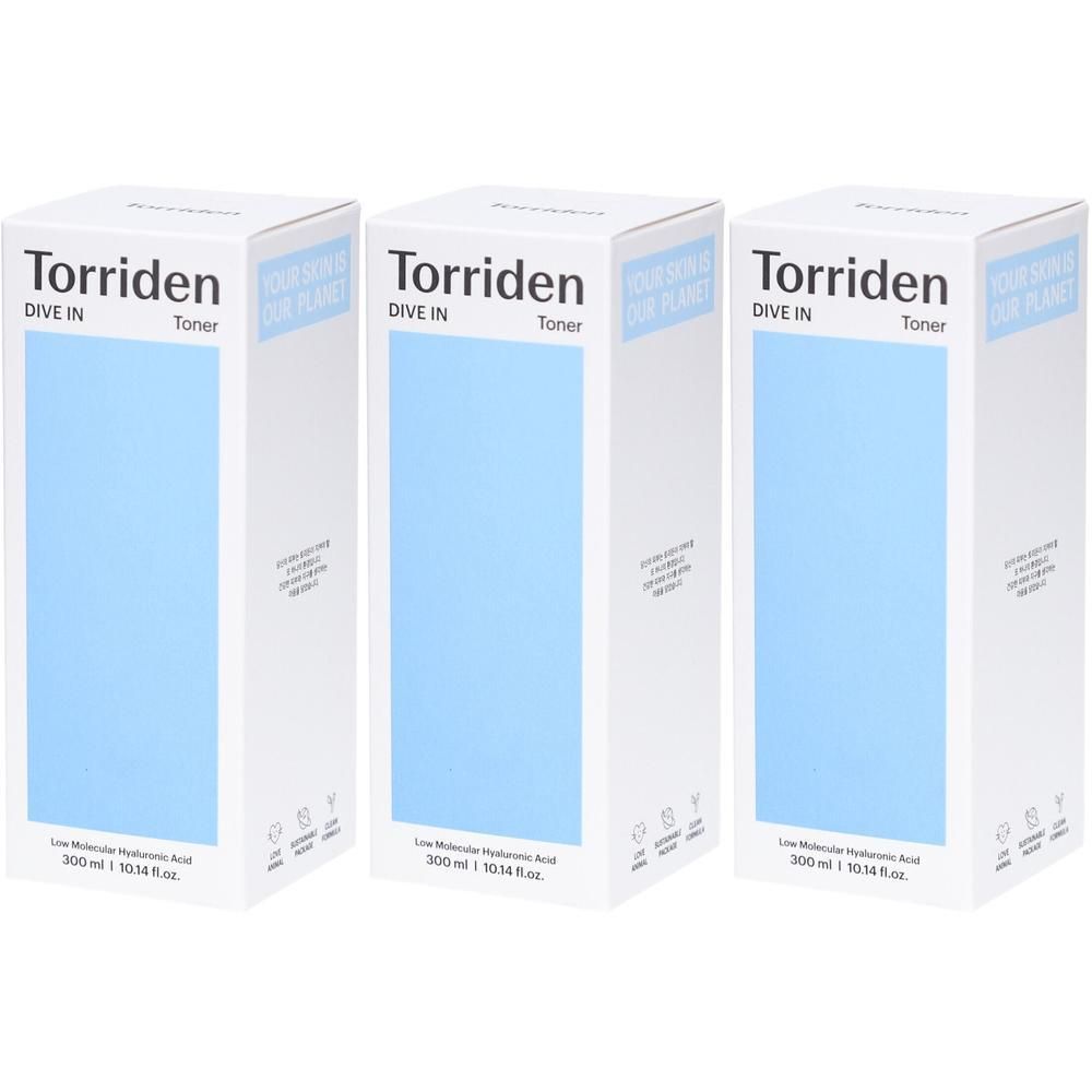 Trois boîtes blanches avec un encart bleu. Inscriptions: Torriden, DIVE IN, Toner. En bas: Low Molecular Hyaluronic Acid.