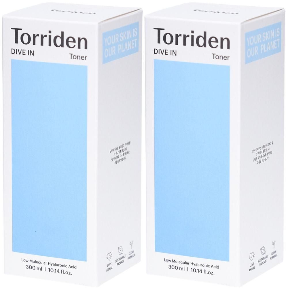 Deux boîtes blanches avec fond bleu. Inscription : Torriden, Dive In, Toner. Texte : Low Molecular Hyaluronic Acid.