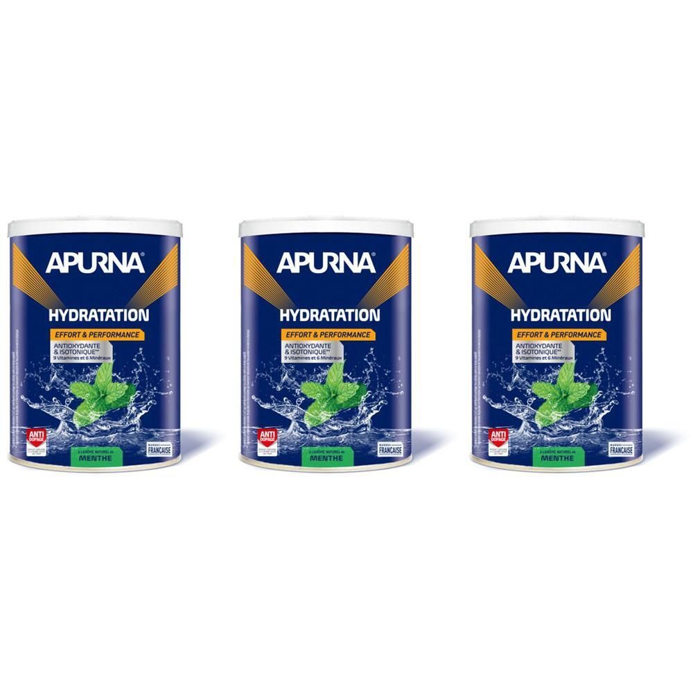 Trois boîtes APURNA HYDRATATION. Boîtes bleues avec couvercle blanc, accent doré et motif menthe. Texte: HYDRATATION, Effort & Performance.