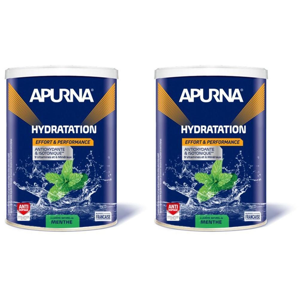 Deux boîtes APURNA HYDRATATION. Boîtes bleues avec couvercle blanc. Inscription : HYDRATATION, EFFORT & PERFORMANCE, ANTIOXYDANTE & ISOTONIQUE, MENTHE. Drapeau français.