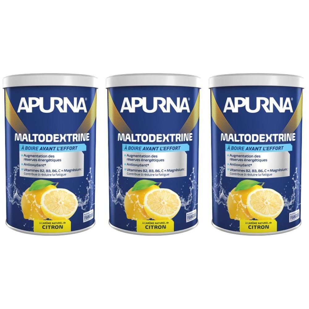 Trois boîtes de APURNA Maltodextrine. Boîtes bleues avec texte jaune et illustration de citron. Texte: A boire avant l'effort, Citron.