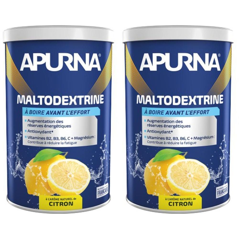 Deux boîtes de Maltodextrine APURNA, citron. Boîtes bleues avec couvercles blancs. Inscription : Maltodextrine, citron, vitamines.