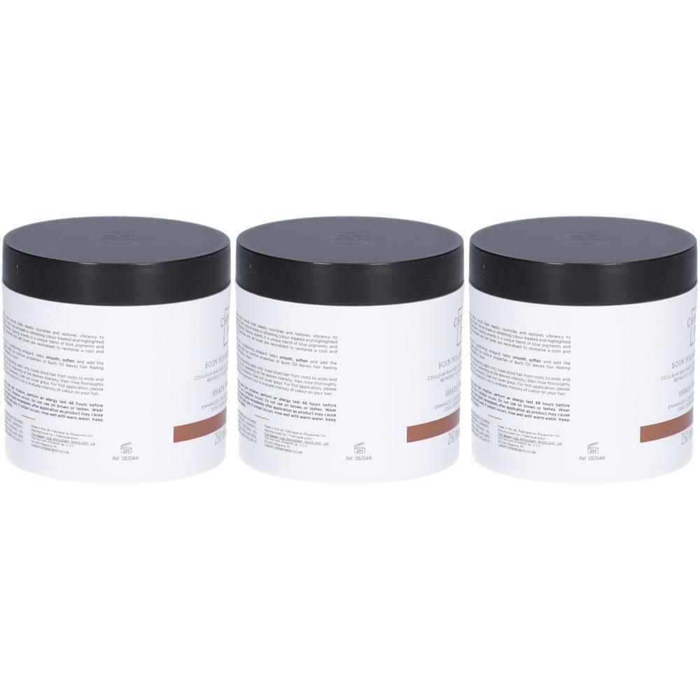 Trois pots ronds avec couvercles noirs. Texte et bande marron sur fond blanc. Nom du produit non visible.