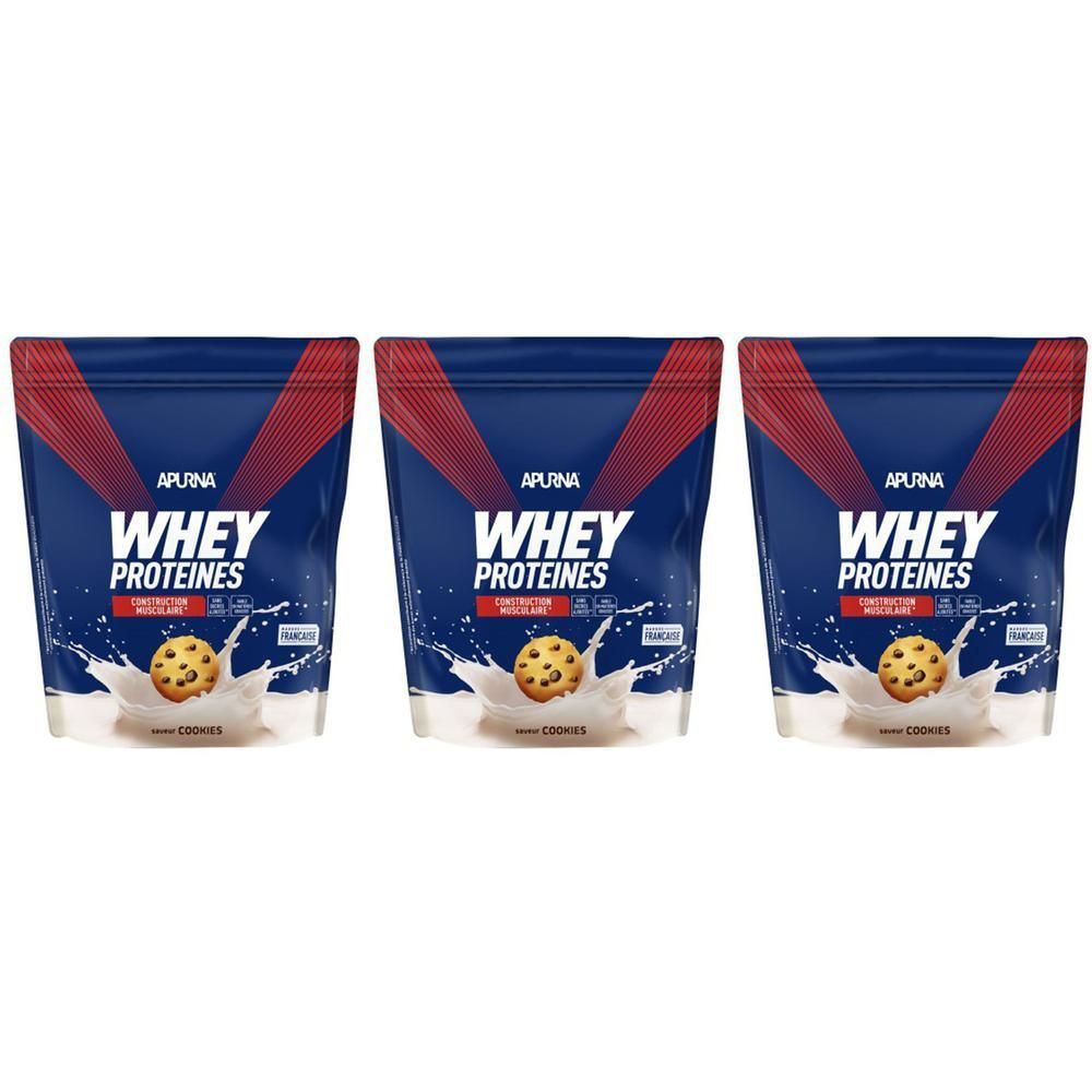 Trois sachets APURNA WHEY PROTEINE COOKIE. Emballage bleu avec design rouge. Inscription: WHEY PROTEINES, COOKIES. Illustration: biscuit dans du lait.