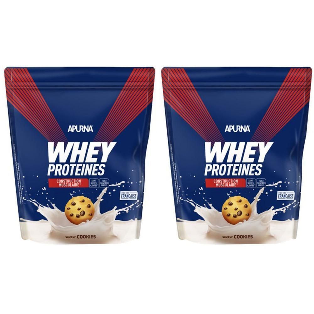 Deux sachets APURNA Whey Proteines. Emballage bleu avec design rouge. Inscription : Whey Proteines, goût cookie. Illustration d'un cookie.