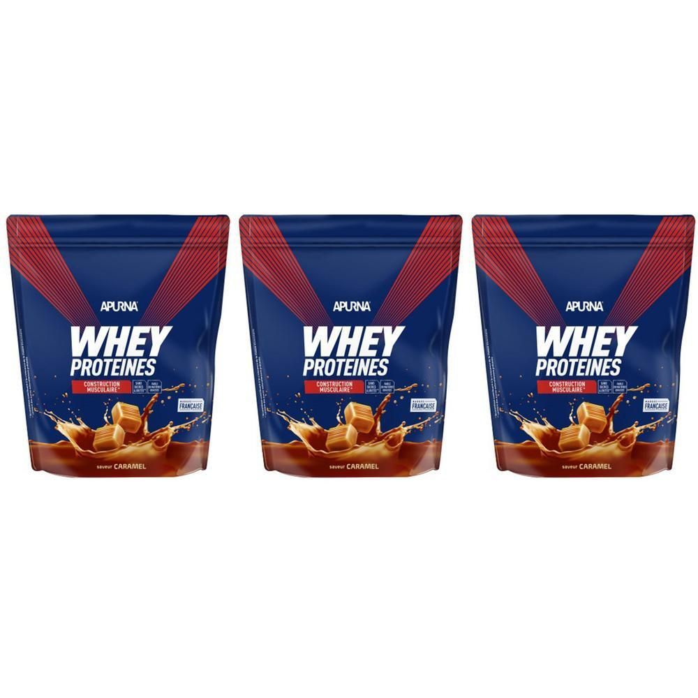 Trois sachets APURNA WHEY PROTEINE. Emballage bleu avec accent rouge. Inscription : WHEY PROTEINES, CARAMEL. Illustration de caramel.