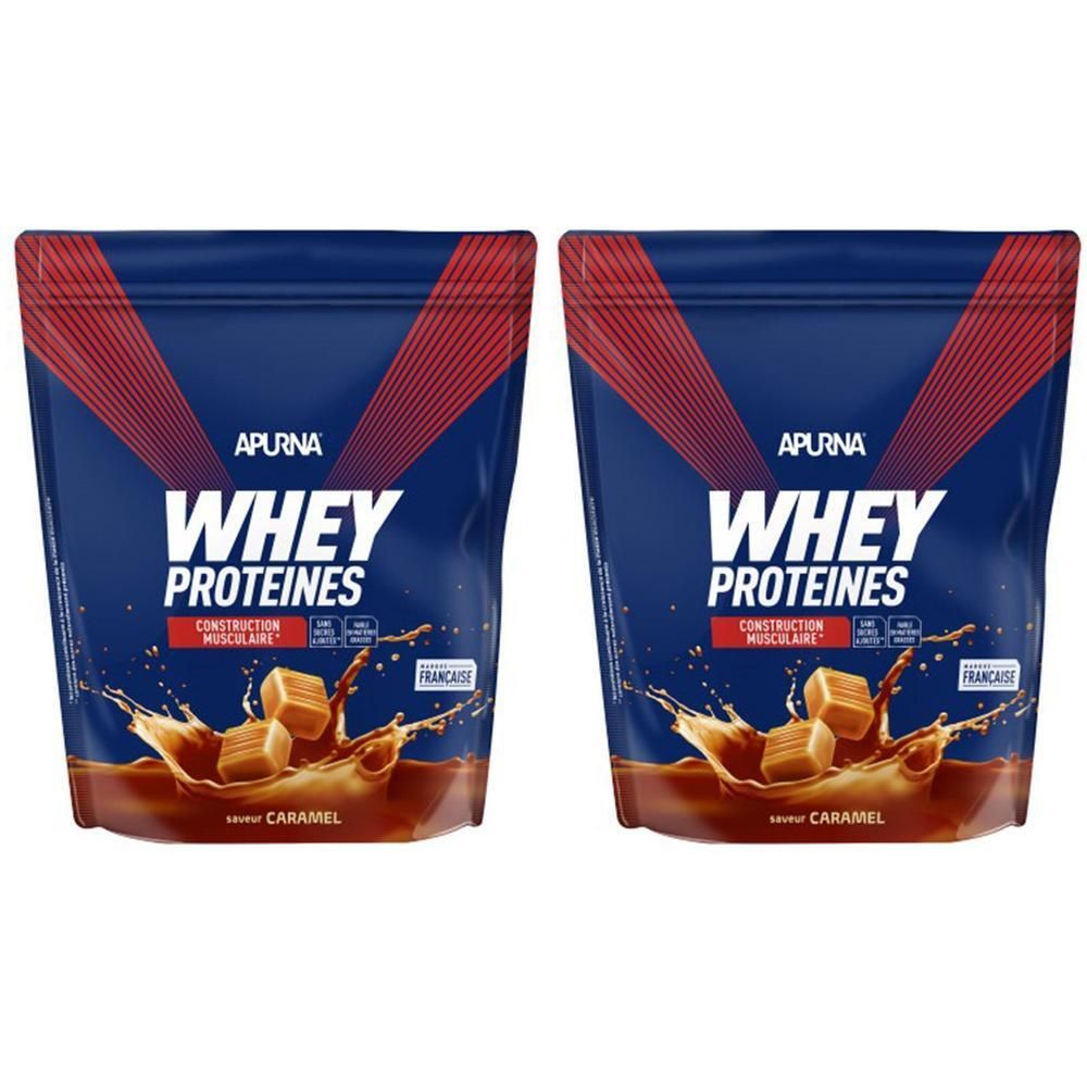 Deux sachets APURNA Whey Proteines. Emballage bleu avec design rouge. Inscription: WHEY PROTEINES, CARAMEL. Illustration de cubes de caramel.
