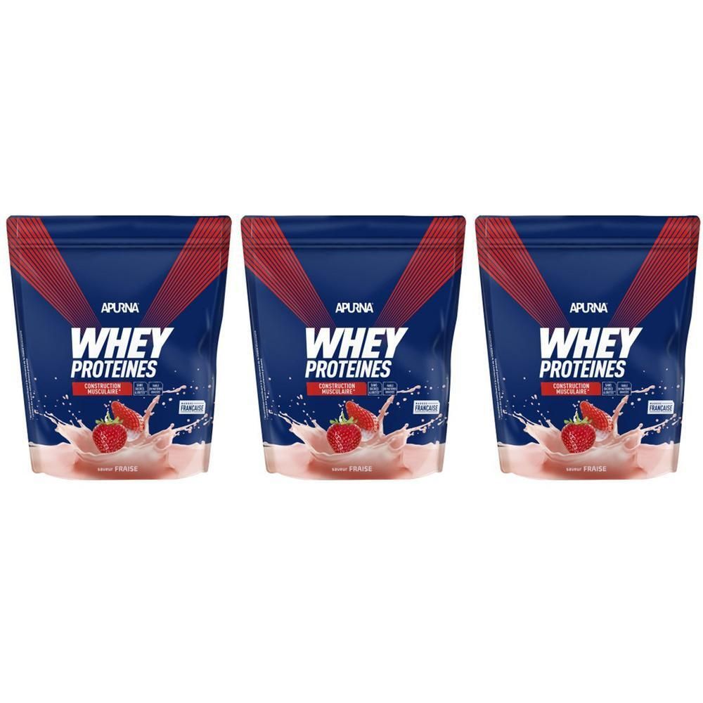 Trois sachets APURNA Whey Protéines Fraise. Emballage bleu avec accent rouge. Inscription : Whey Protéines, Fraise, illustration de fraises.