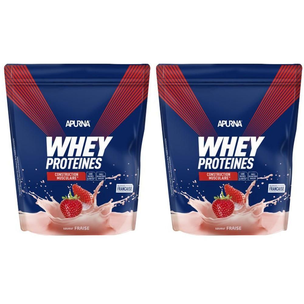 Deux sachets APURNA Whey Protéines Fraise. Emballage bleu avec design rouge. Inscription : Whey Protéines, goût fraise.