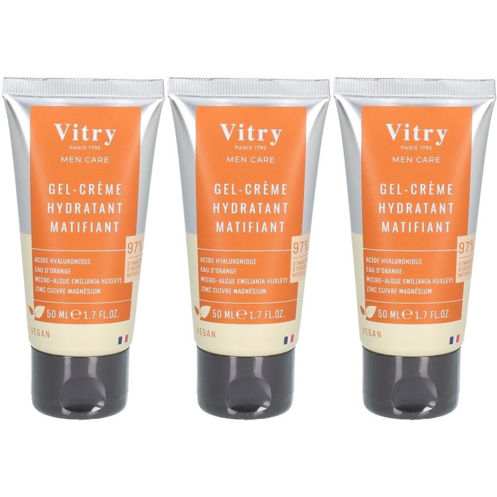 Trois tubes de gel-crème. Étiquette orange avec texte. Marque Vitry. Bouchon noir. 50 ml.