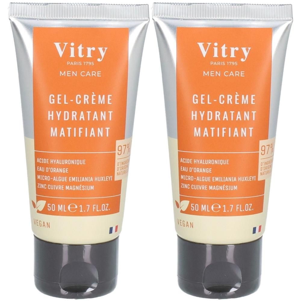 Deux tubes de gel-crème Vitry. Texte orange sur fond blanc. Contient de l'acide hyaluronique. Vegan.