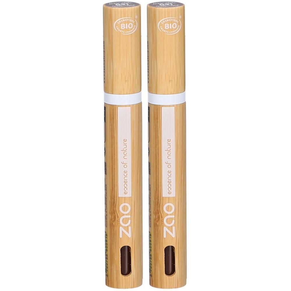 Deux mascaras ZAO en bambou. Inscription: essence of nature, certification BIO. Couleur marron visible.