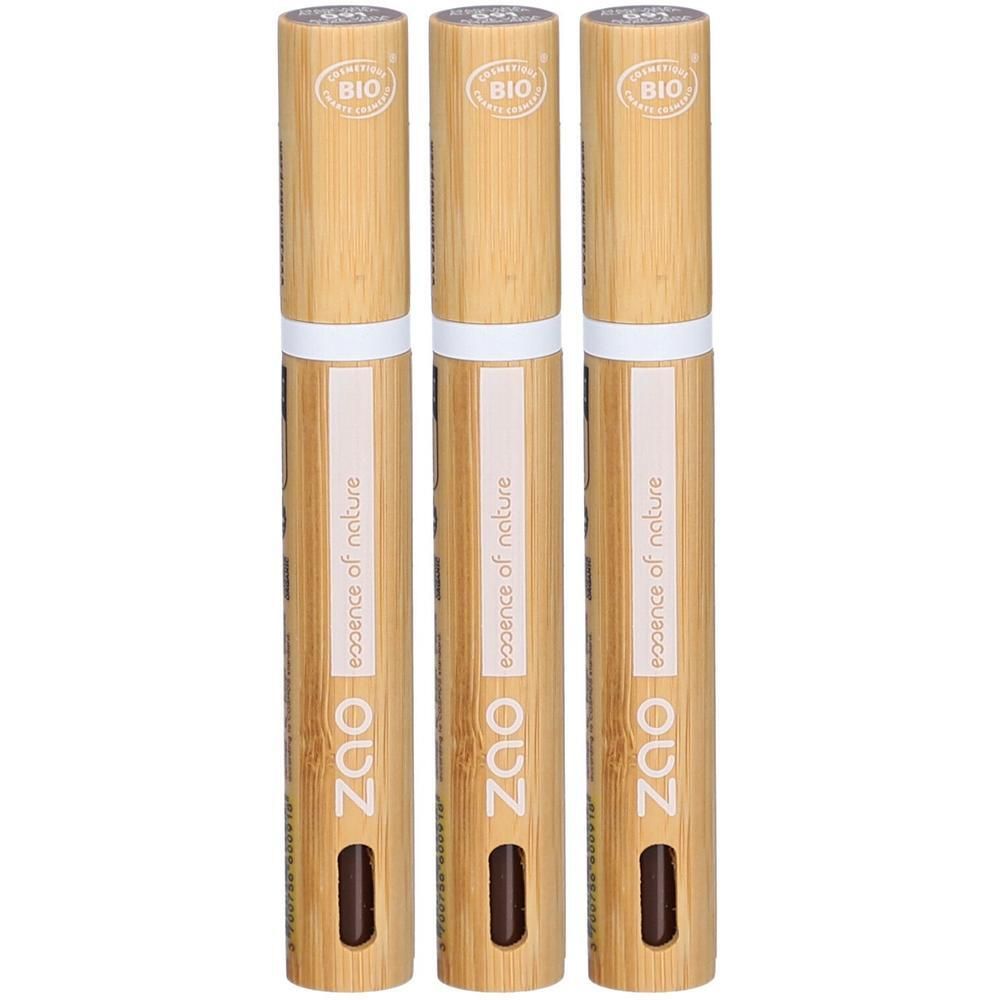 Trois mascaras en bois. Inscriptions: ZAO, essence of nature, BIO. Couvercles avec sceau BIO. Couleur marron visible.
