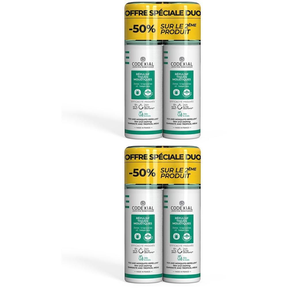 Deux produits CODEXIAL en duo. Offre spéciale avec -50% sur le 2ème produit. Bouteilles blanches et vertes.