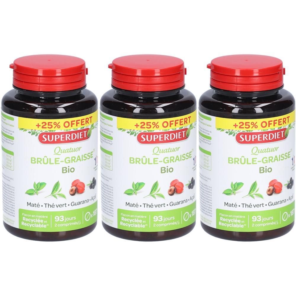Trois flacons Superdiet Quatuor Brûle-Graisse Bio à bouchon rouge. Étiquette avec feuilles vertes et fruits.