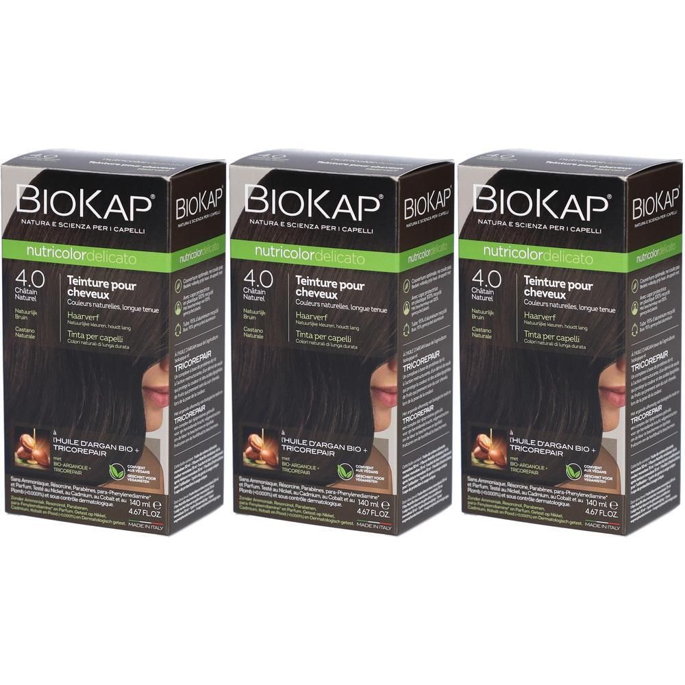 Trois boîtes de teinture capillaire Biokap Nutricolor Delicate 4.0 Châtain Naturel.