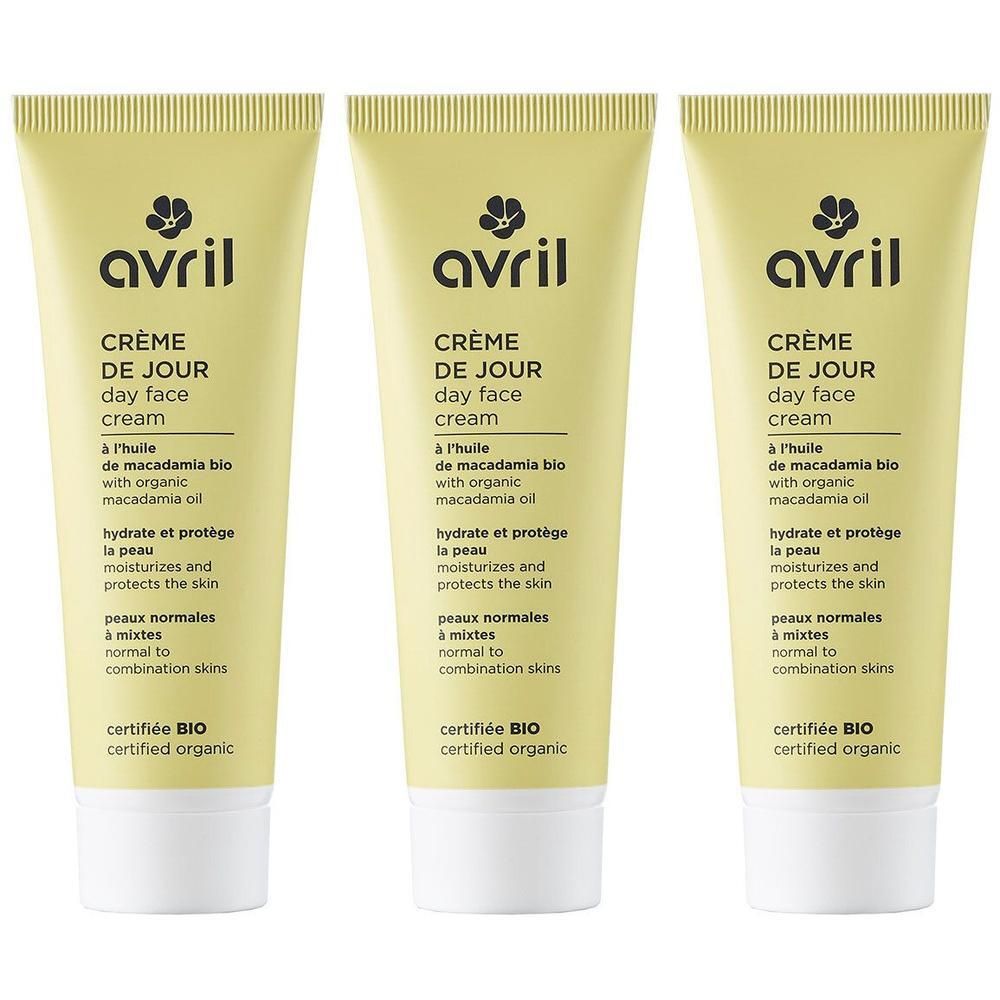 Trois tubes de crème. Chaque tube porte l'inscription "avril CRÈME DE JOUR day face cream". Label bio certifié.