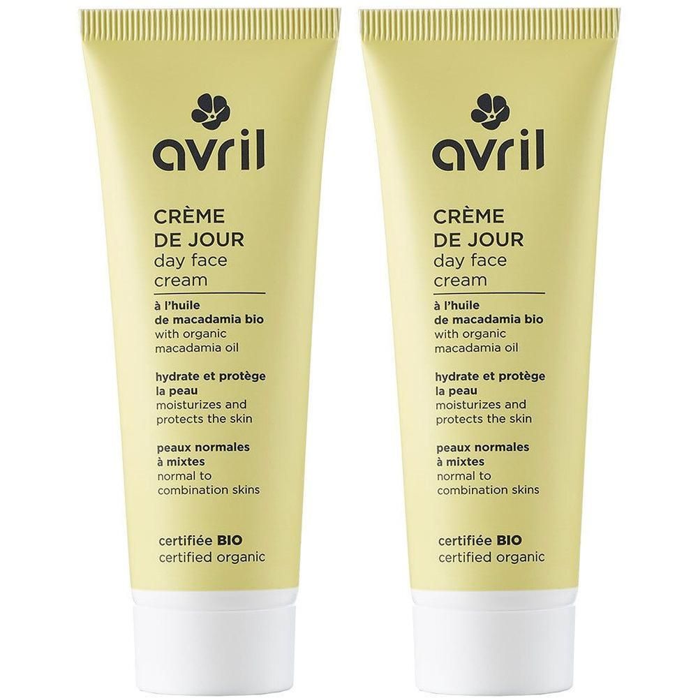Deux tubes de crème Avril. Inscription: Crème de Jour, day face cream. Certifié BIO. Pour peaux normales à mixtes.