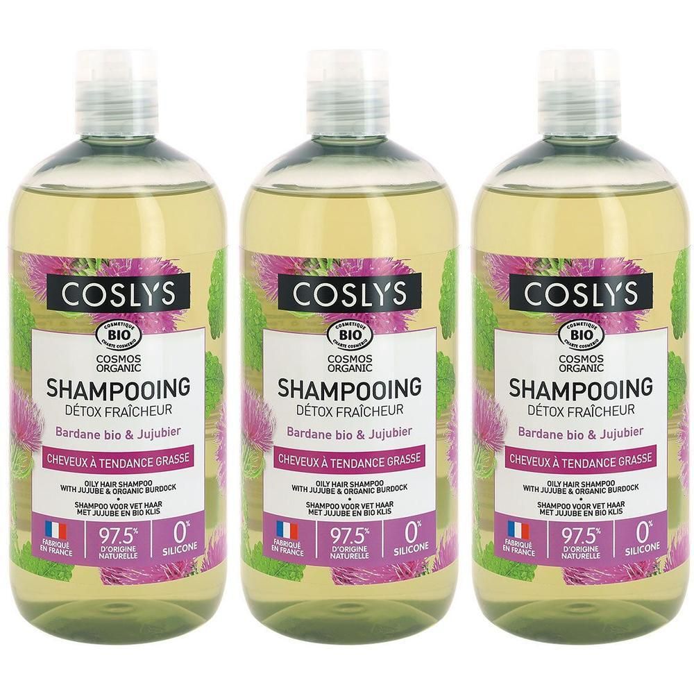 Trois flacons de shampooing. Étiquette avec texte: COSLYS, SHAMPOOING, DÉTOX FRAÎCHEUR. Certification bio. Drapeau français.