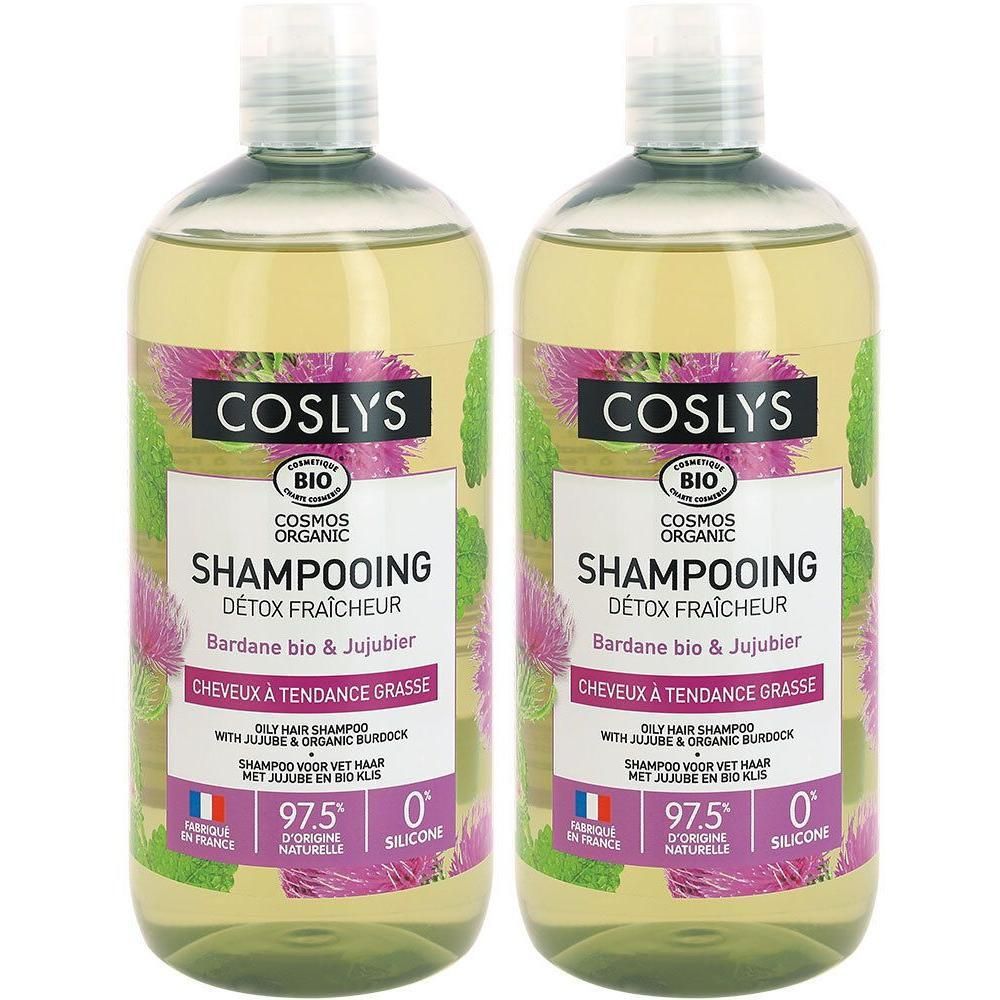 Deux flacons de shampooing avec étiquette. Texte: COSLYS, SHAMPOING DÉTOX FRAÎCHEUR, Bardane bio & Jujubier. Certification bio.