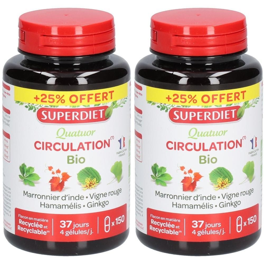 Deux flacons SUPERDIET Quatuor Circulation Bio à bouchon rouge. Bandeau jaune '+25% Offert'.