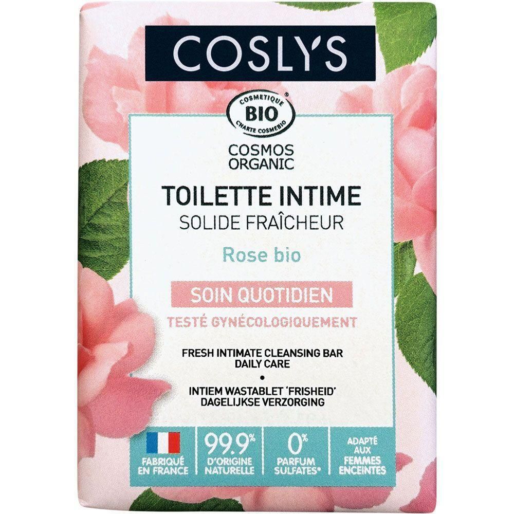 Emballage du produit. Inscription: TOILETTE INTIME SOLIDE FRAÎCHEUR. Logo COSMOS ORGANIC. Drapeau français.