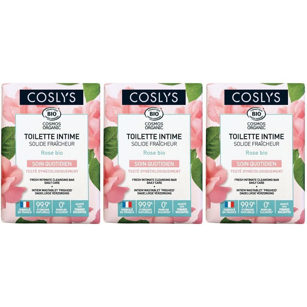 Trois savons rectangulaires avec motif floral et texte. Inscription: TOILETTE INTIME SOLIDE FRAÎCHEUR Rose bio.