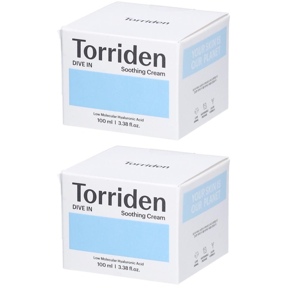 Deux boîtes carrées blanches. Inscription: Torriden, Soothing Cream. Zone bleue. Texte: Low Molecular Hyaluronic Acid. Emballage.
