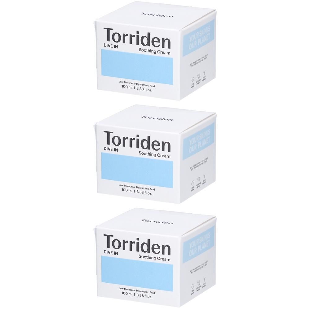 Trois boîtes carrées blanches. Marque "Torriden", texte "DIVE IN Soothing Cream" et rectangles bleus. Texte en bas.