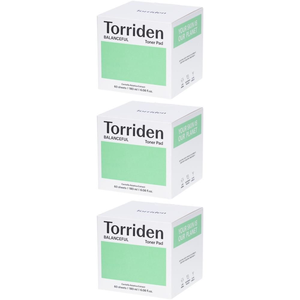 Trois boîtes carrées blanches. Chaque boîte affiche "Torriden BALANCEFUL Toner Pad" avec un carré vert. Texte: 60 pads / 160 ml / 5.08 fl.oz.