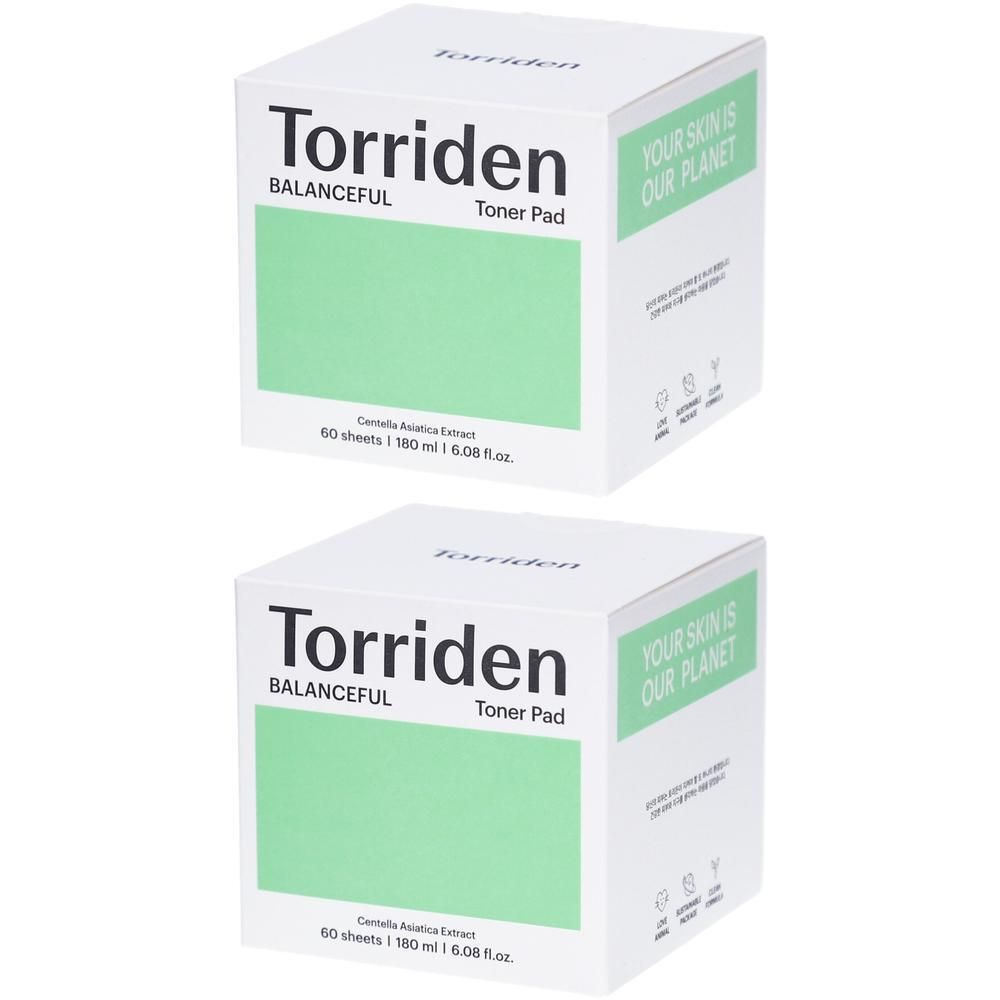 Deux boîtes carrées avec l'inscription Torriden, Balanceful Toner Pad. Inscription : Your skin is our planet. Contient 60 pads.