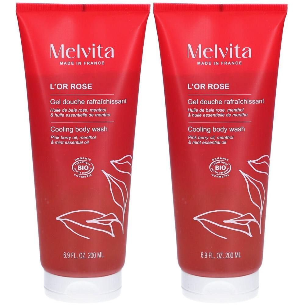 Deux tubes rouges avec texte blanc. Inscription: Melvita, L'OR ROSE, Cooling body wash. Certification Bio. 6.9 FL. OZ. 200 ML.